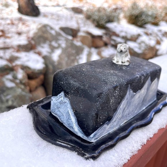 Handmade Ceramic Butter Dish with Hand-Painted Mountains with Polar Bear or Moon - Picture 1 of 4